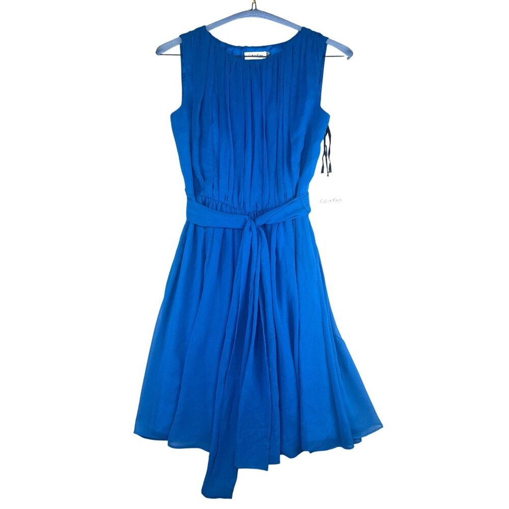 Calvin Klein Blue Sleeveless Pleated A-Line Dress With Belt Size 4